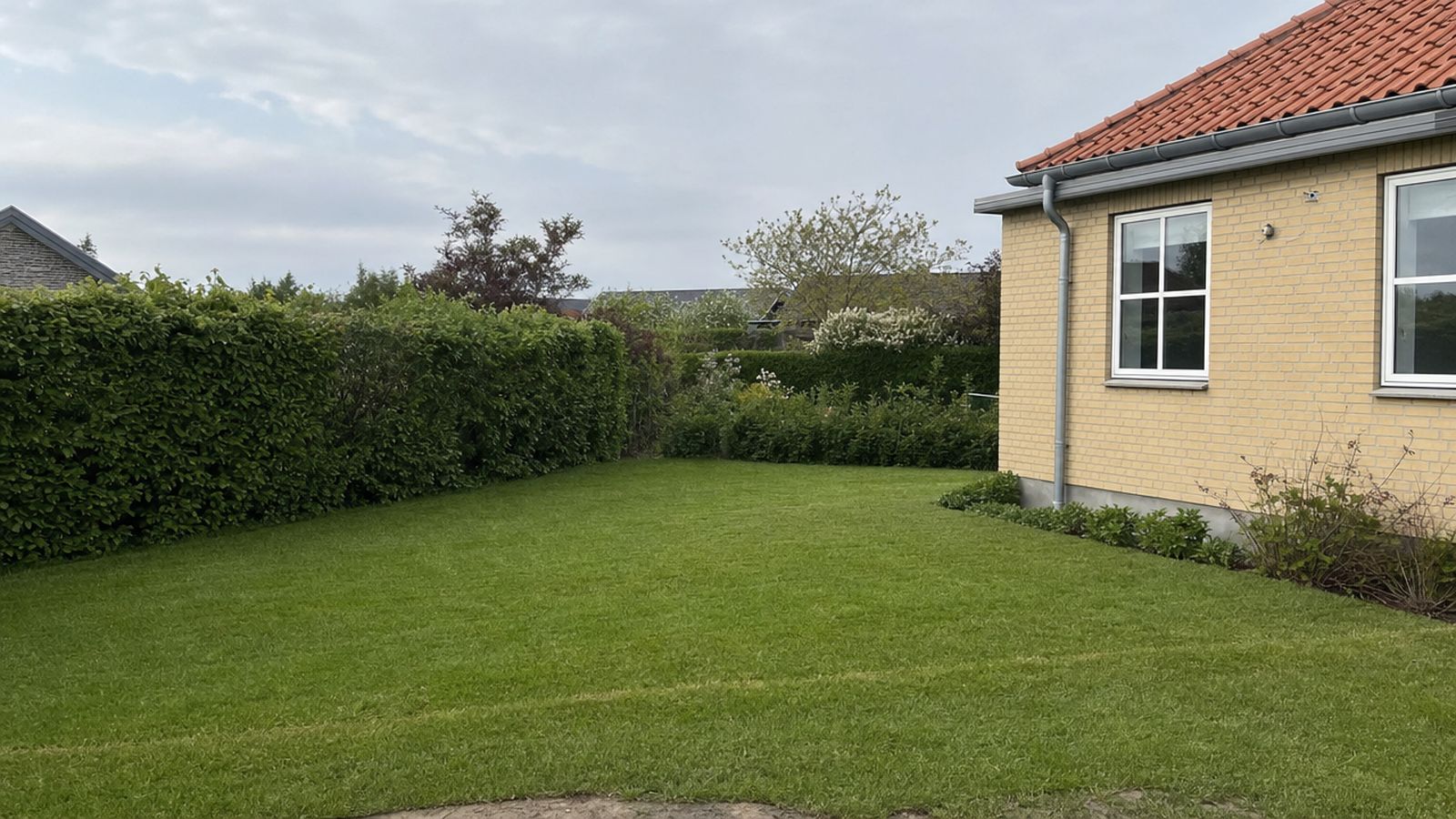 Ny kloakledning i aftenlys bag en dansk bolig